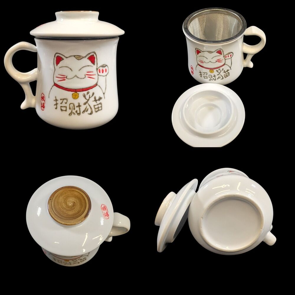 VTG Maneki Neko Lucky Cat Mug Tea Cup Set Chinese Kanji Ceramic Stoneware White